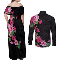 Hawaiian Hibiscus and Art Polynesian Tattoo Couples Matching Off Shoulder Maxi Dress and Long Sleeve Button Shirt Black Color