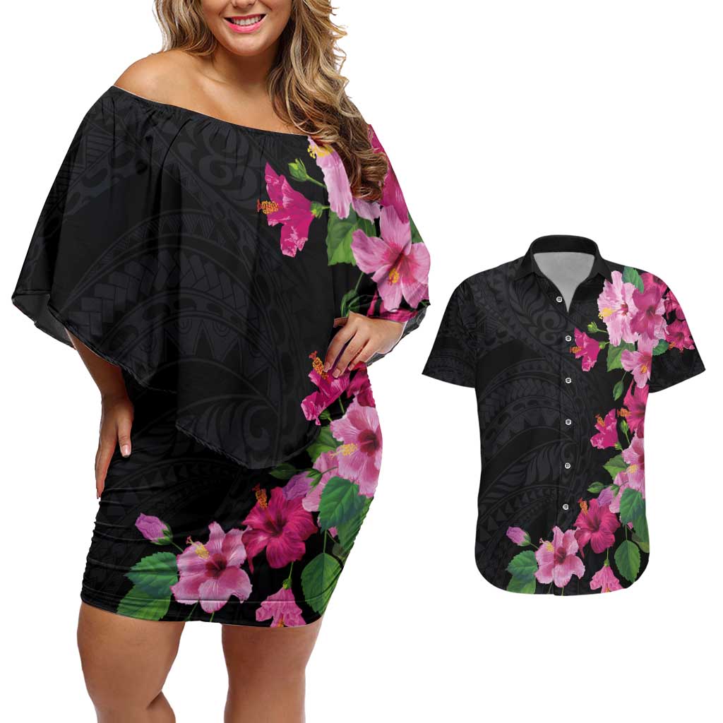 Hawaiian Hibiscus and Art Polynesian Tattoo Couples Matching Off Shoulder Short Dress and Hawaiian Shirt Black Color
