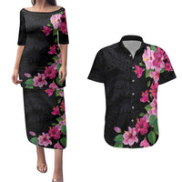Hawaiian Hibiscus and Art Polynesian Tattoo Couples Matching Puletasi and Hawaiian Shirt Black Color