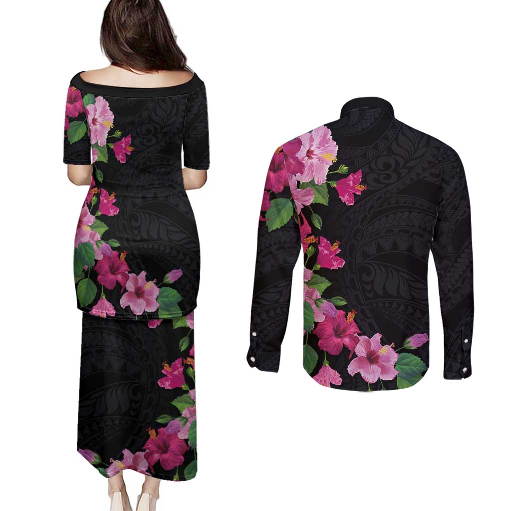 Hawaiian Hibiscus and Art Polynesian Tattoo Couples Matching Puletasi and Long Sleeve Button Shirt Black Color
