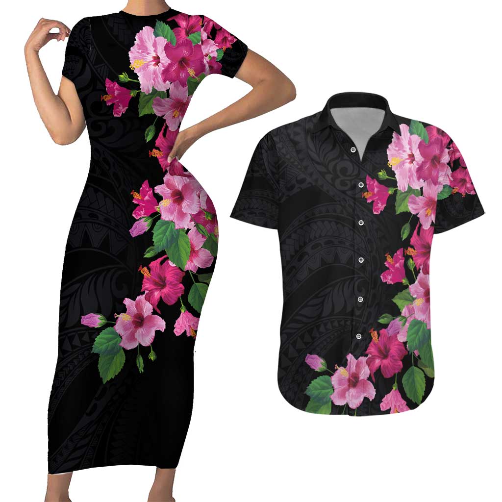 Hawaiian Hibiscus and Art Polynesian Tattoo Couples Matching Short Sleeve Bodycon Dress and Hawaiian Shirt Black Color