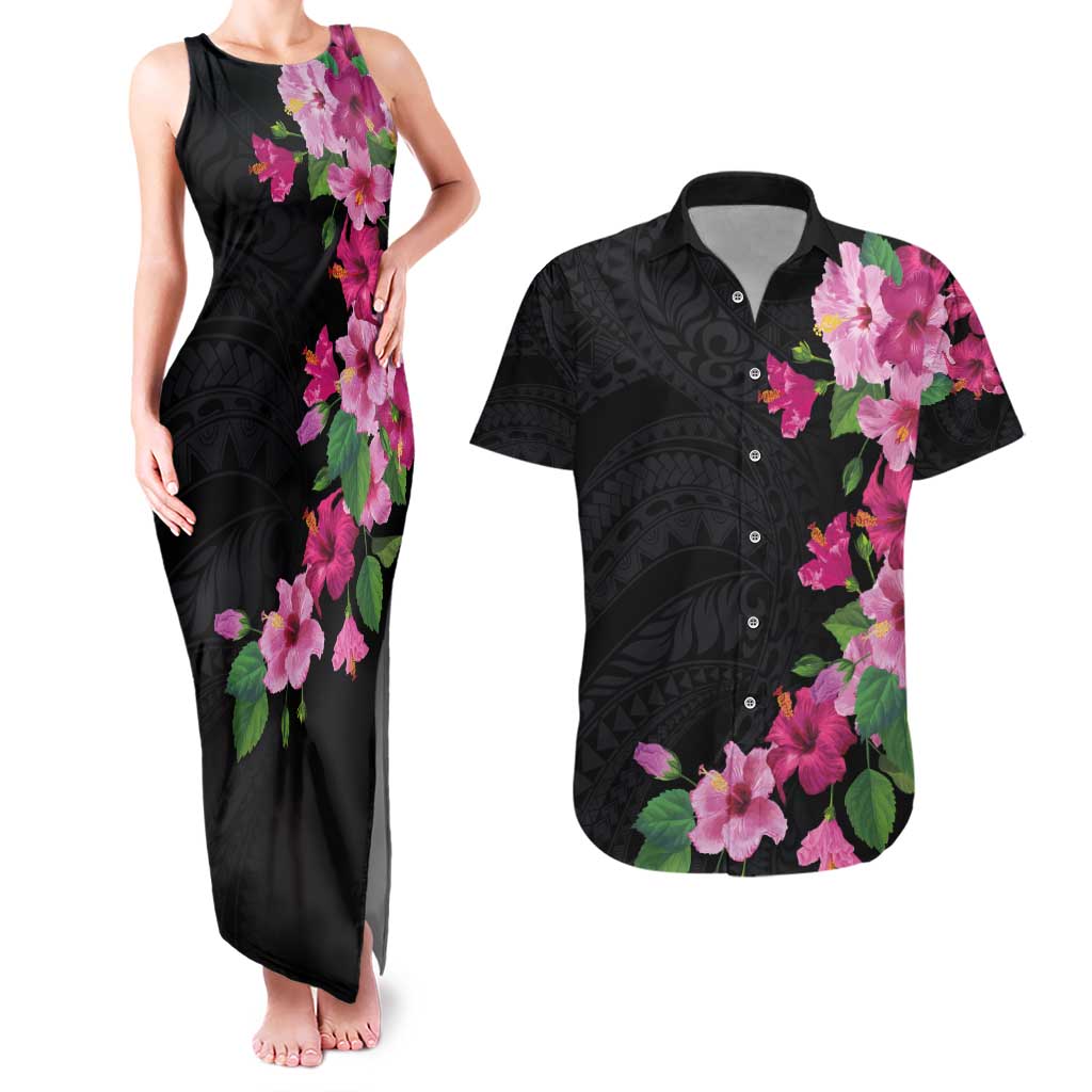 Hawaiian Hibiscus and Art Polynesian Tattoo Couples Matching Tank Maxi Dress and Hawaiian Shirt Black Color