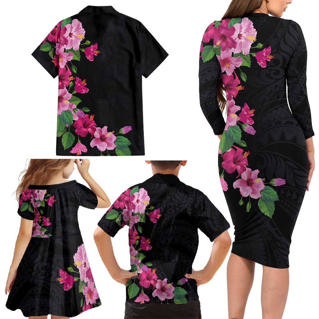 Hawaiian Hibiscus and Art Polynesian Tattoo Family Matching Long Sleeve Bodycon Dress and Hawaiian Shirt Black Color LT03 - Polynesian Pride
