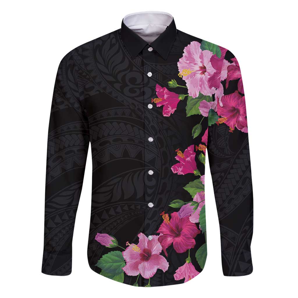 Hawaiian Hibiscus and Art Polynesian Tattoo Family Matching Mermaid Dress and Hawaiian Shirt Black Color LT03 Dad's Shirt - Long Sleeve Black - Polynesian Pride