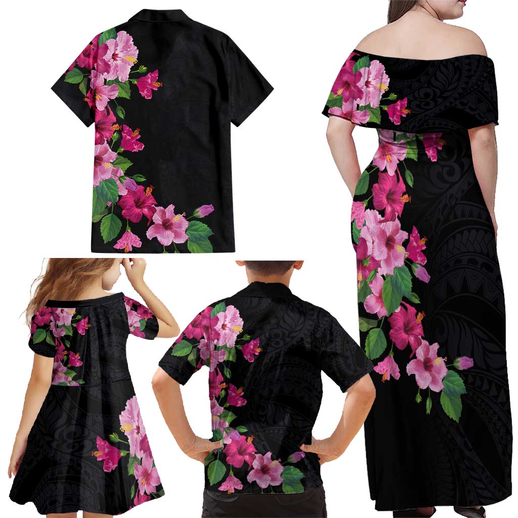 Hawaiian Hibiscus and Art Polynesian Tattoo Family Matching Off Shoulder Maxi Dress and Hawaiian Shirt Black Color
