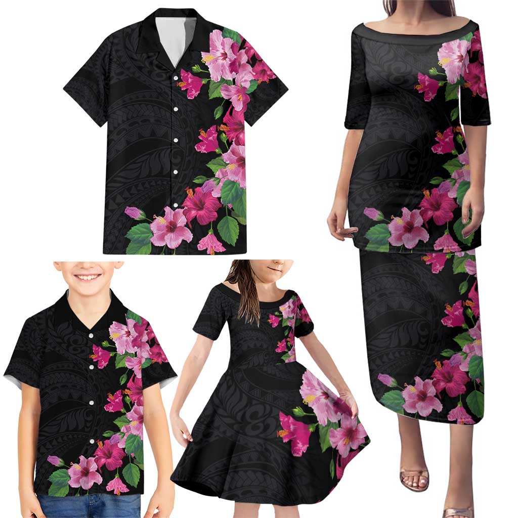 Hawaiian Hibiscus and Art Polynesian Tattoo Family Matching Puletasi and Hawaiian Shirt Black Color LT03 - Polynesian Pride