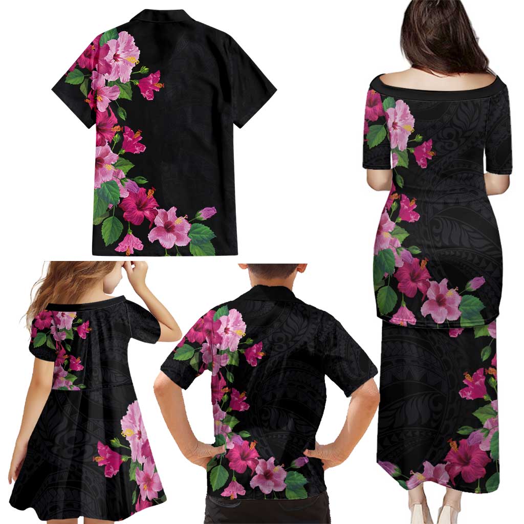 Hawaiian Hibiscus and Art Polynesian Tattoo Family Matching Puletasi and Hawaiian Shirt Black Color LT03 - Polynesian Pride