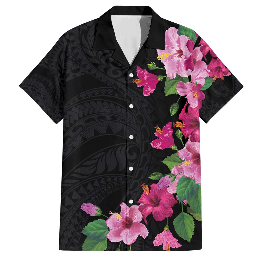 Hawaiian Hibiscus and Art Polynesian Tattoo Family Matching Puletasi and Hawaiian Shirt Black Color LT03 Dad's Shirt - Short Sleeve Black - Polynesian Pride