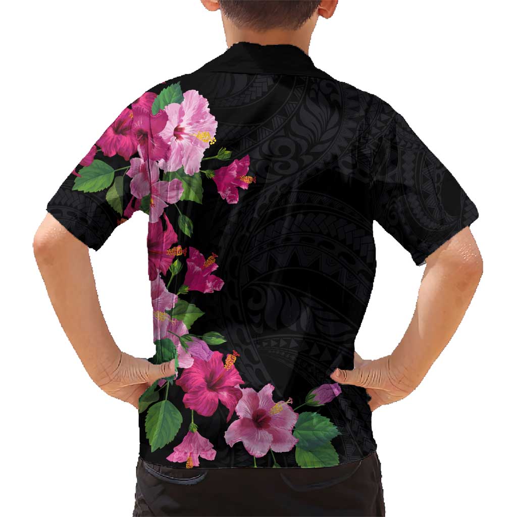 Hawaiian Hibiscus and Art Polynesian Tattoo Family Matching Short Sleeve Bodycon Dress and Hawaiian Shirt Black Color LT03 - Polynesian Pride