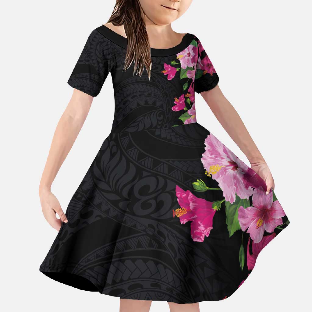 Hawaiian Hibiscus and Art Polynesian Tattoo Family Matching Short Sleeve Bodycon Dress and Hawaiian Shirt Black Color LT03 Daughter's Dress Black - Polynesian Pride