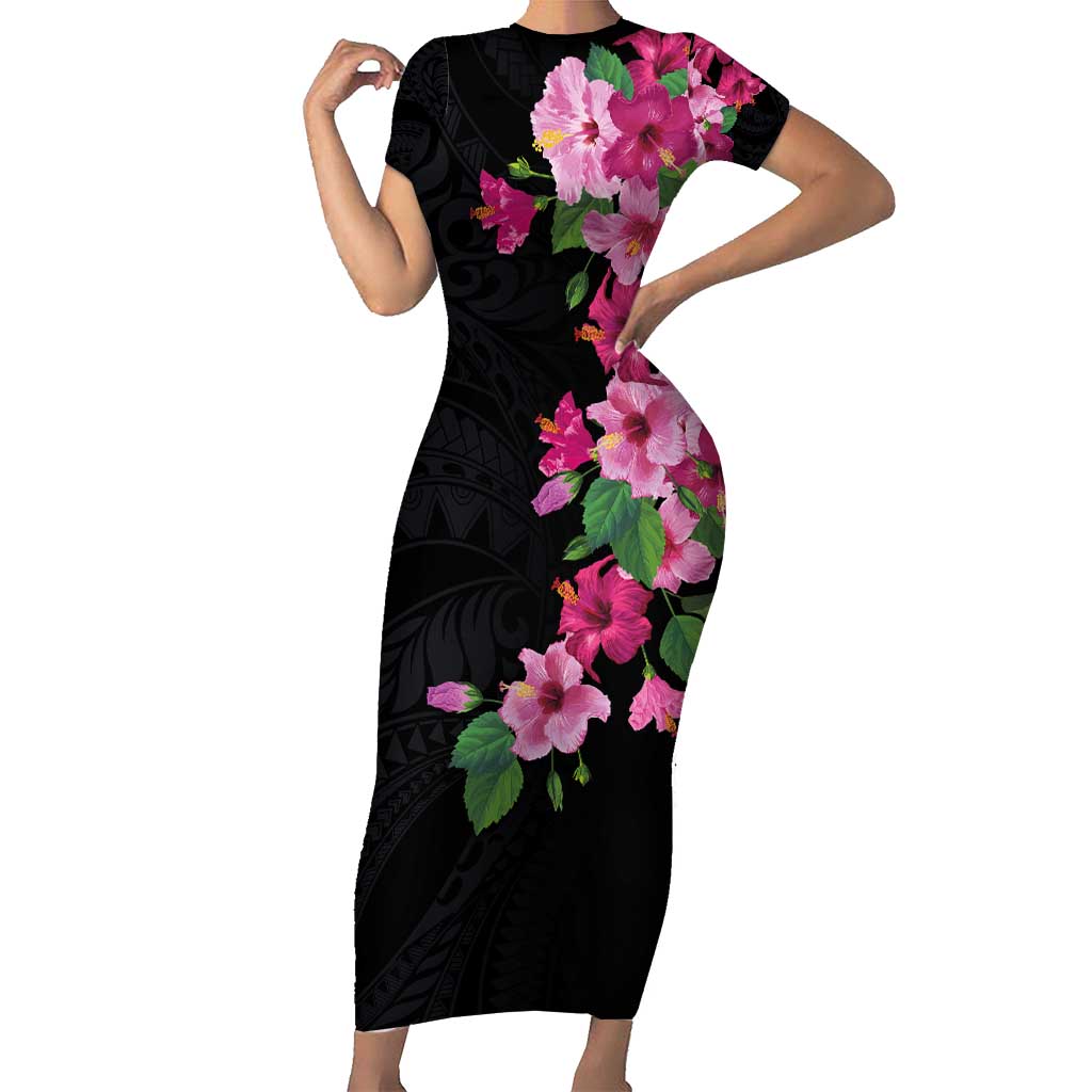 Hawaiian Hibiscus and Art Polynesian Tattoo Family Matching Short Sleeve Bodycon Dress and Hawaiian Shirt Black Color LT03 Mom's Dress Black - Polynesian Pride