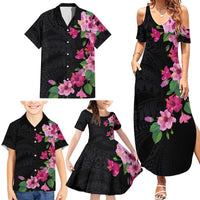 Hawaiian Hibiscus and Art Polynesian Tattoo Family Matching Summer Maxi Dress and Hawaiian Shirt Black Color