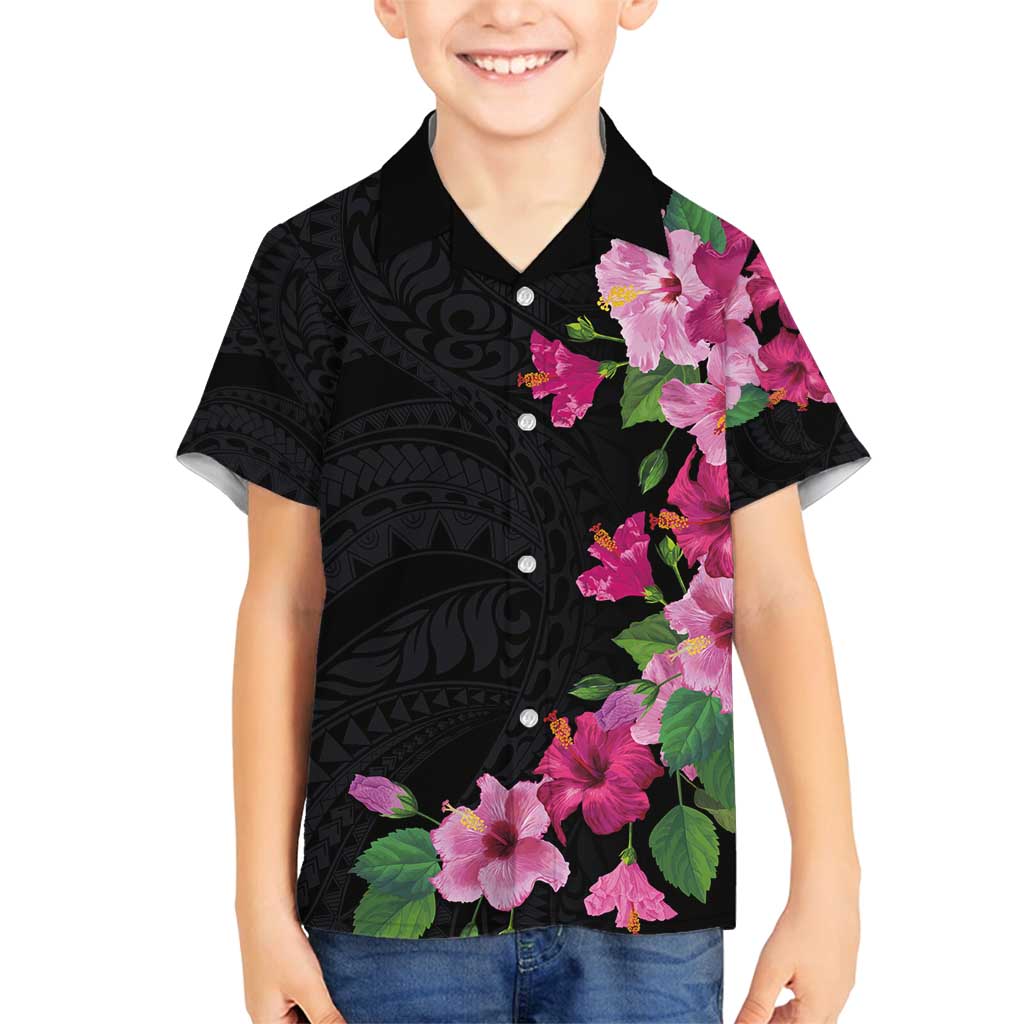 Hawaiian Hibiscus and Art Polynesian Tattoo Family Matching Summer Maxi Dress and Hawaiian Shirt Black Color