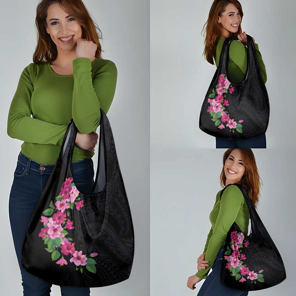 Hawaiian Hibiscus and Art Polynesian Tattoo Grocery Bag Black Color