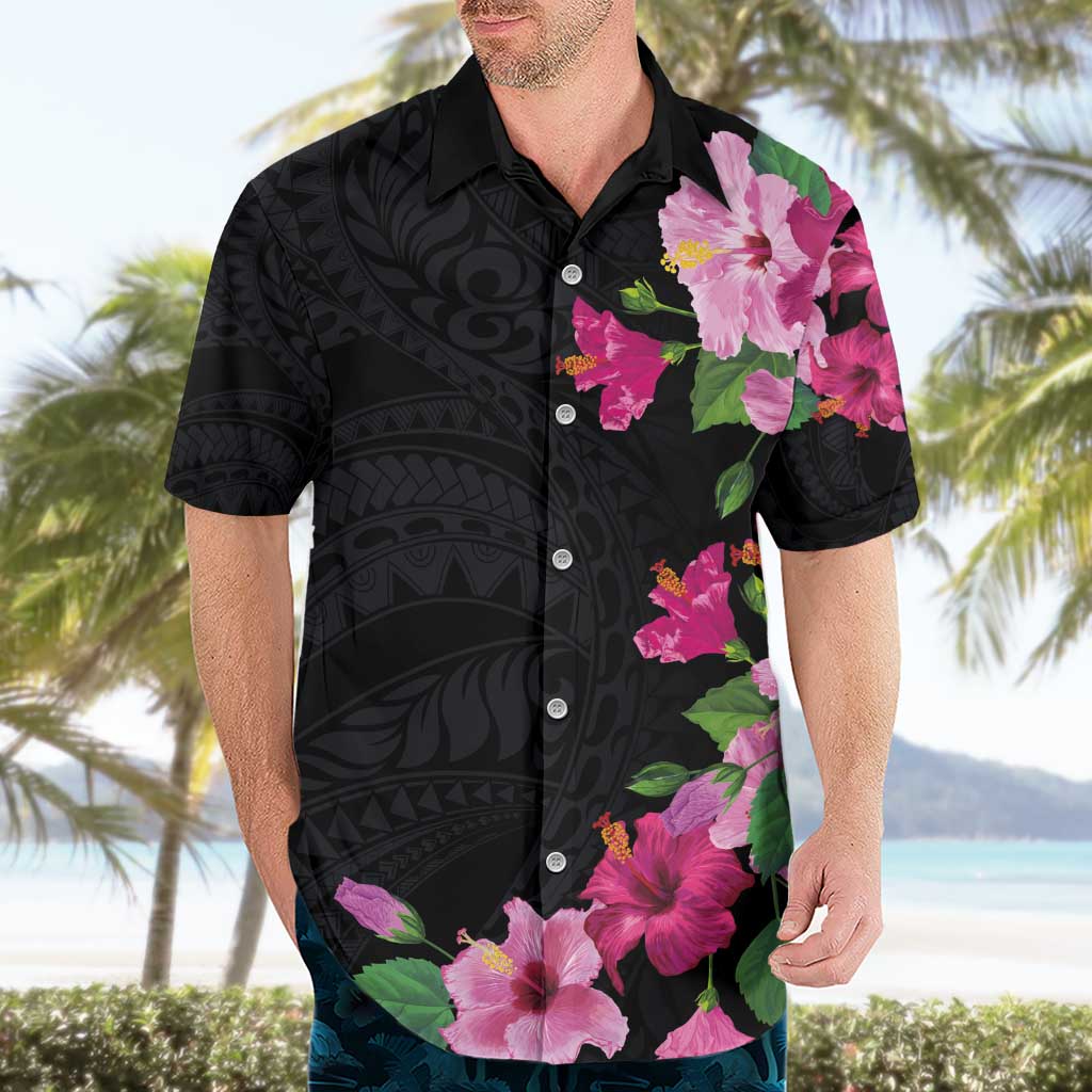 Hawaiian Hibiscus and Art Polynesian Tattoo Hawaiian Shirt Black Color
