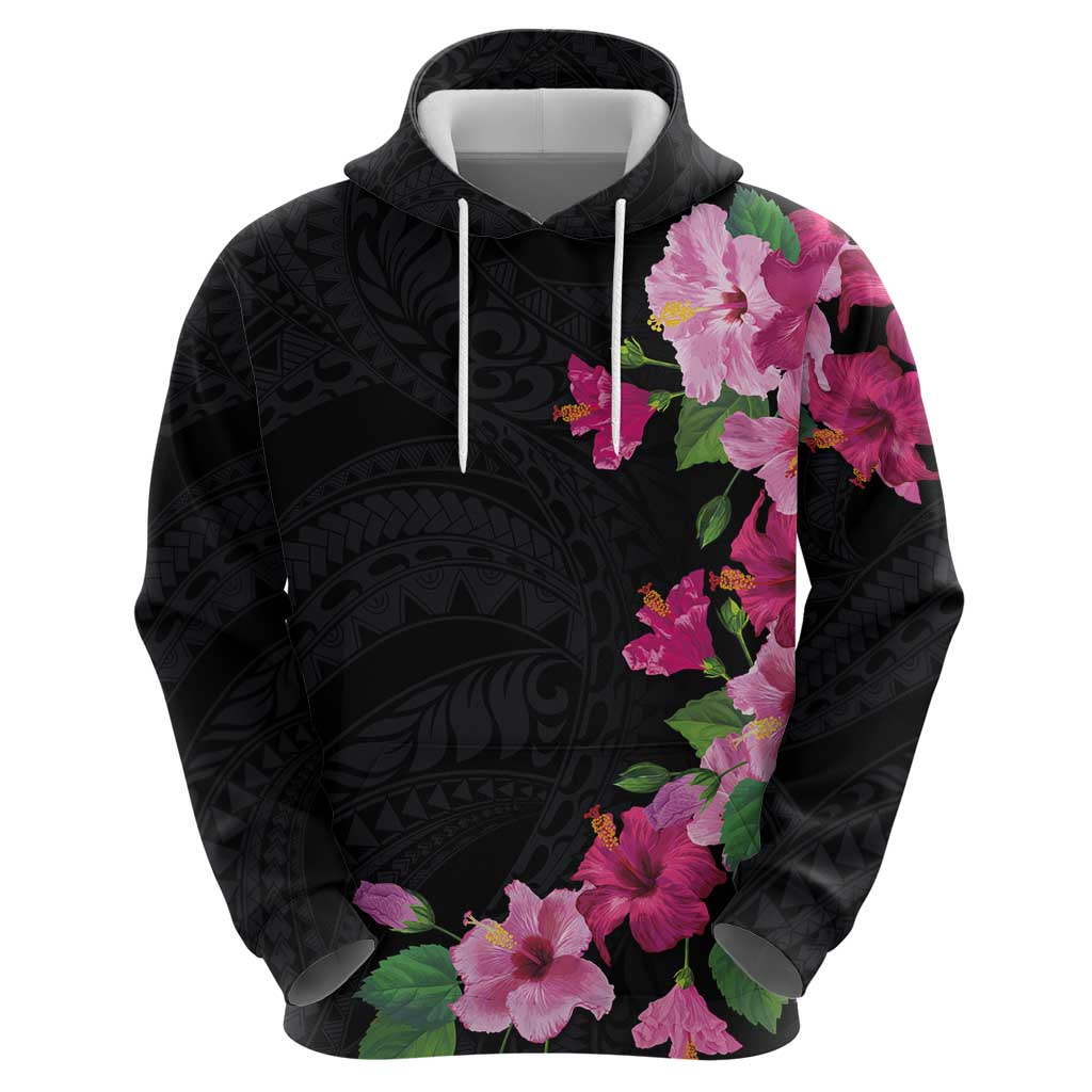 Hawaiian Hibiscus and Art Polynesian Tattoo Hoodie Black Color