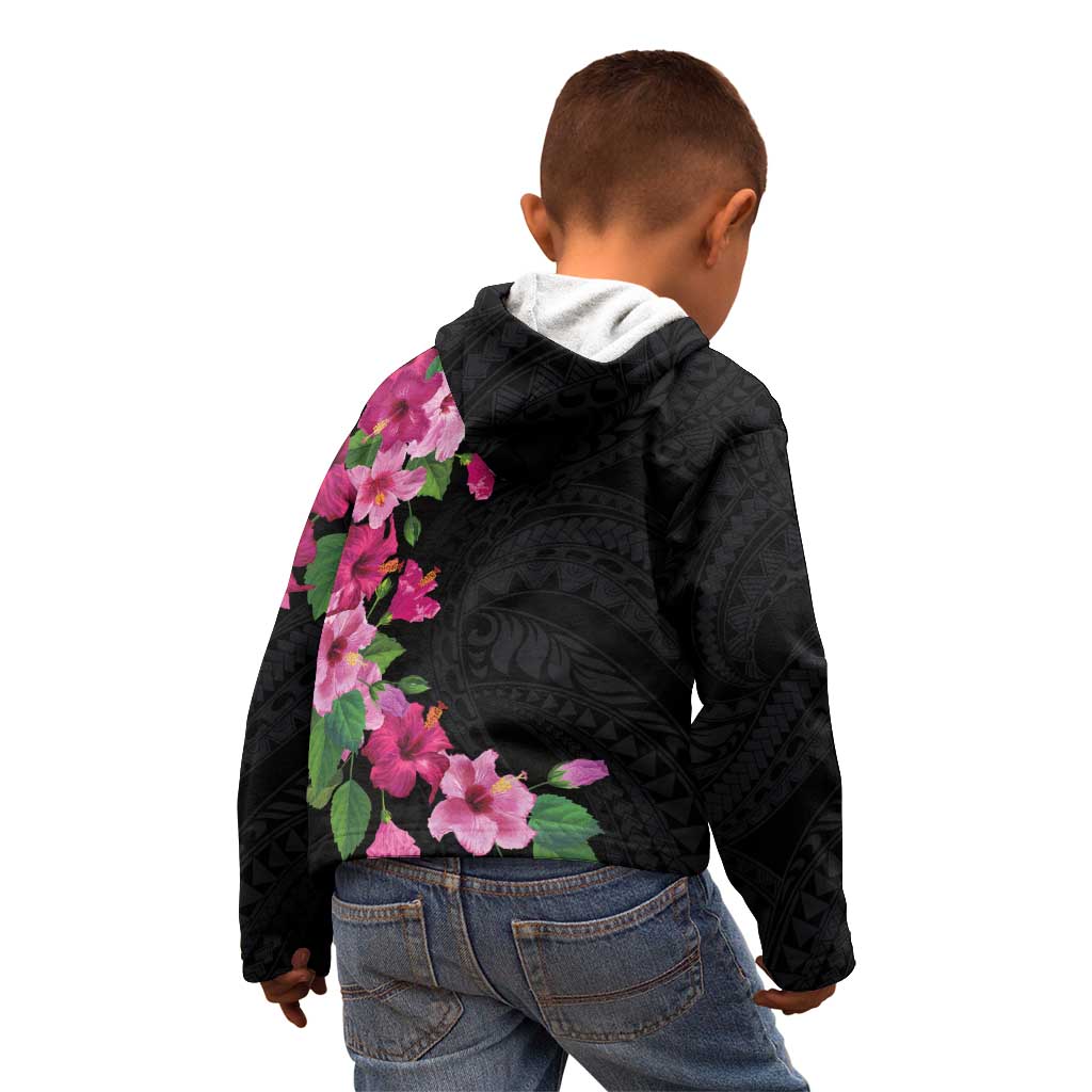 Hawaiian Hibiscus and Art Polynesian Tattoo Kid Hoodie Black Color