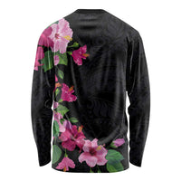 Hawaiian Hibiscus and Art Polynesian Tattoo Long Sleeve Shirt Black Color