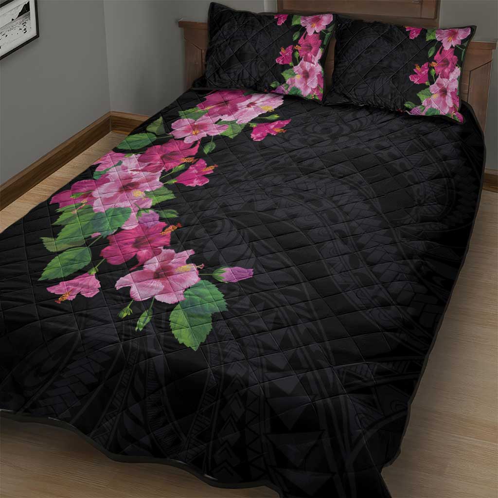 Hawaiian Hibiscus and Art Polynesian Tattoo Quilt Bed Set Black Color