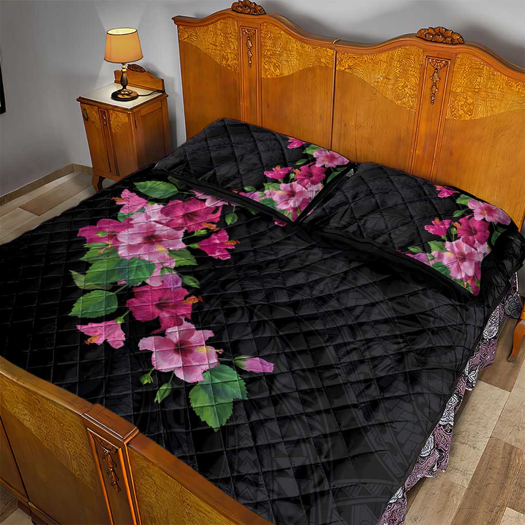 Hawaiian Hibiscus and Art Polynesian Tattoo Quilt Bed Set Black Color