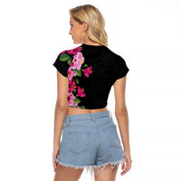 Hawaiian Hibiscus and Art Polynesian Tattoo Raglan Cropped T Shirt Black Color LT03 - Polynesian Pride