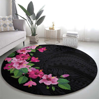 Hawaiian Hibiscus and Art Polynesian Tattoo Round Carpet Black Color