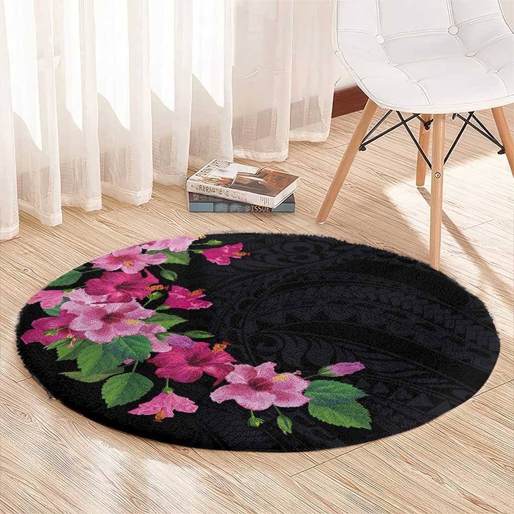 Hawaiian Hibiscus and Art Polynesian Tattoo Round Carpet Black Color