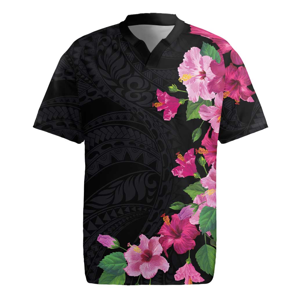 Hawaiian Hibiscus and Art Polynesian Tattoo Rugby Jersey Black Color