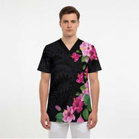 Hawaiian Hibiscus and Art Polynesian Tattoo Scrub Top Black Color - Polynesian Pride