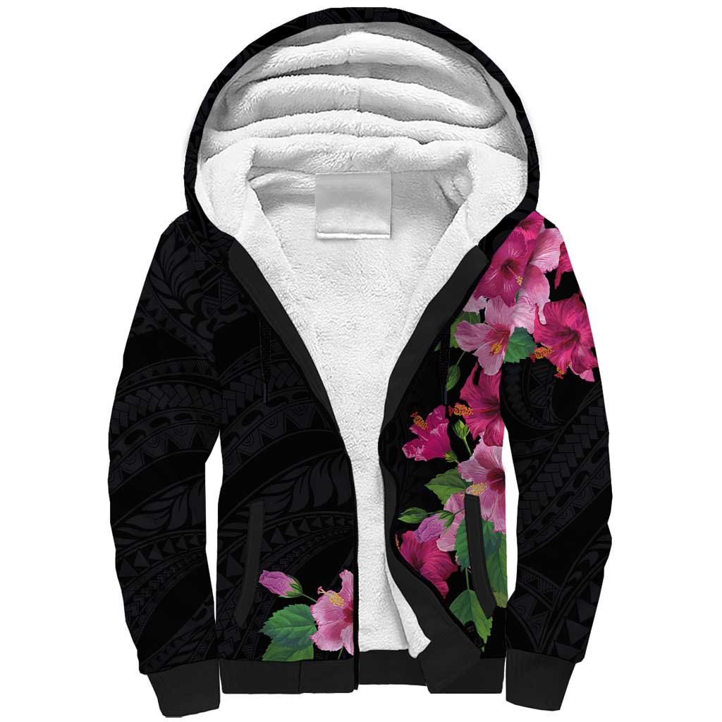 Hawaiian Hibiscus and Art Polynesian Tattoo Sherpa Hoodie Black Color