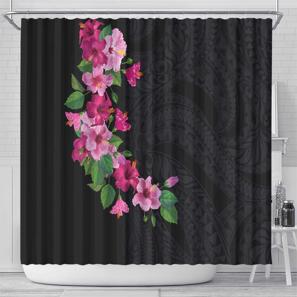 Hawaiian Hibiscus and Art Polynesian Tattoo Shower Curtain Black Color