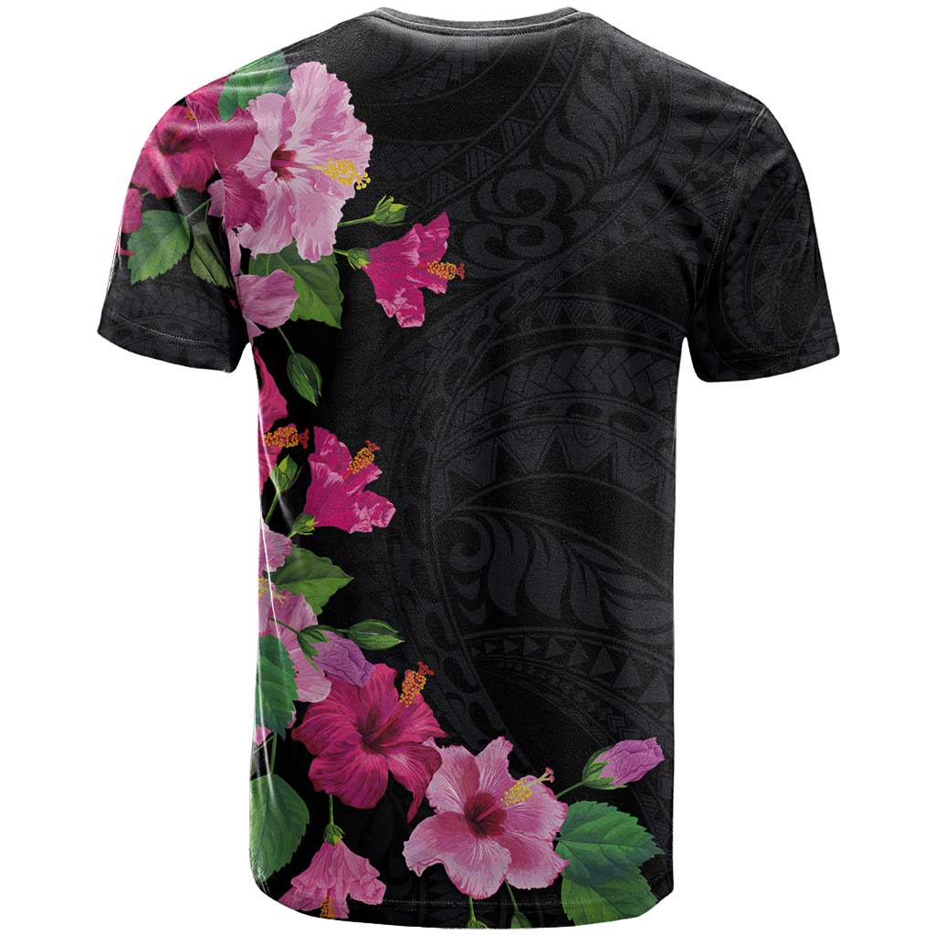 Hawaiian Hibiscus and Art Polynesian Tattoo T Shirt Black Color