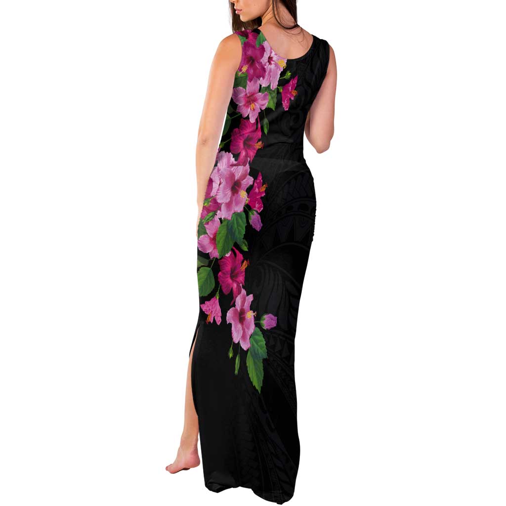 Hawaiian Hibiscus and Art Polynesian Tattoo Tank Maxi Dress Black Color