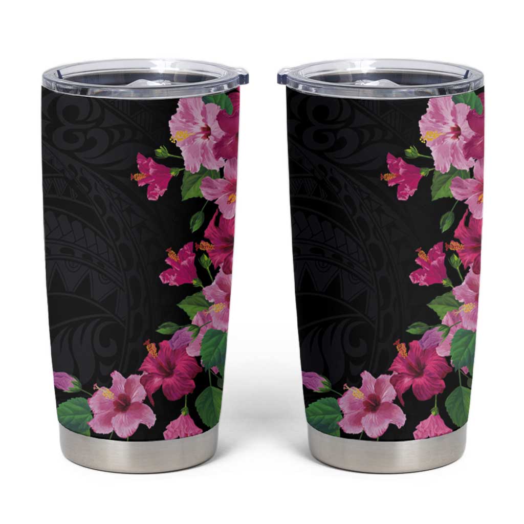 Hawaiian Hibiscus and Art Polynesian Tattoo Tumbler Cup Black Color