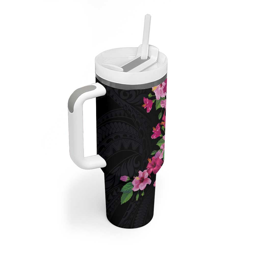 Hawaiian Hibiscus and Art Polynesian Tattoo Tumbler With Handle Black Color