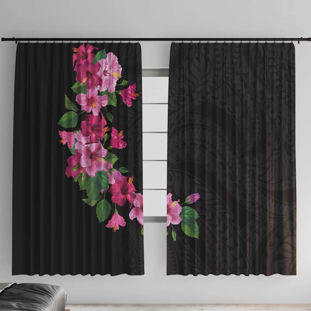 Hawaiian Hibiscus and Art Polynesian Tattoo Window Curtain Black Color