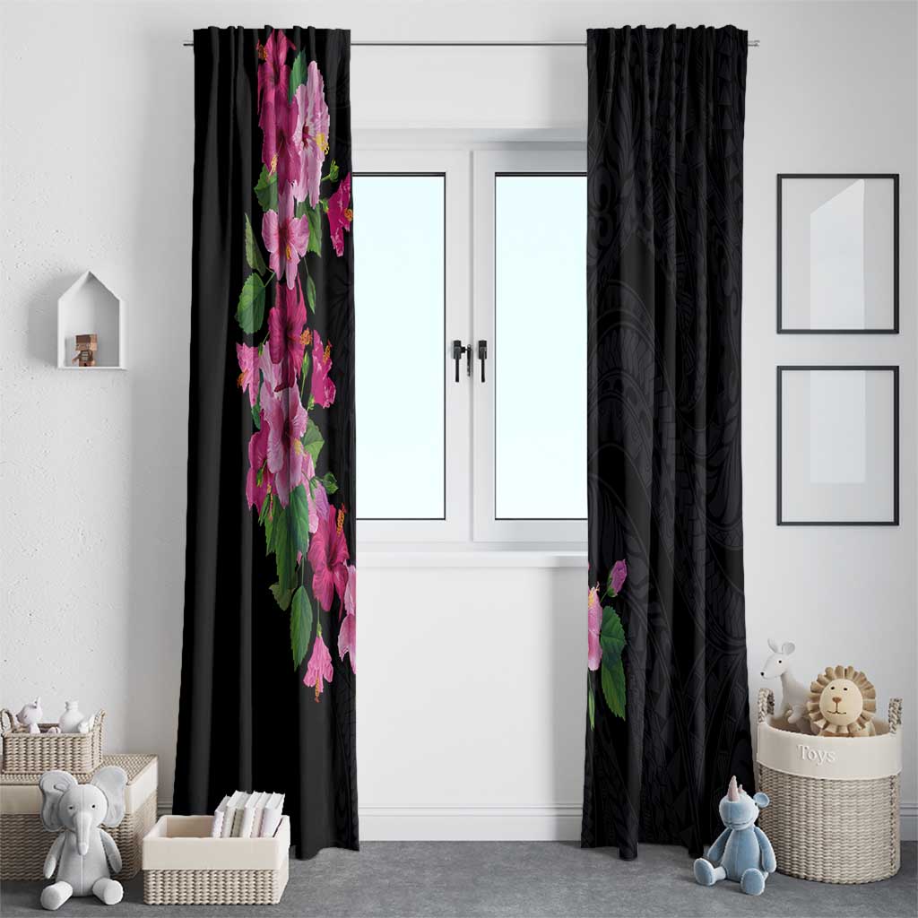 Hawaiian Hibiscus and Art Polynesian Tattoo Window Curtain Black Color
