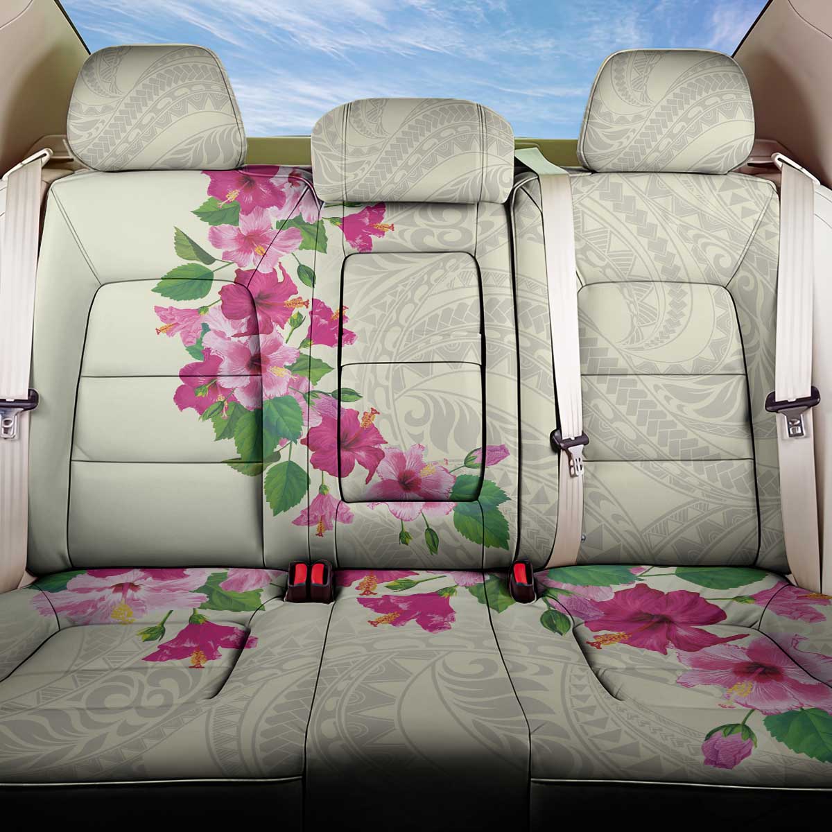 Hawaiian Hibiscus and Art Polynesian Tattoo Back Car Seat Cover Beige Color