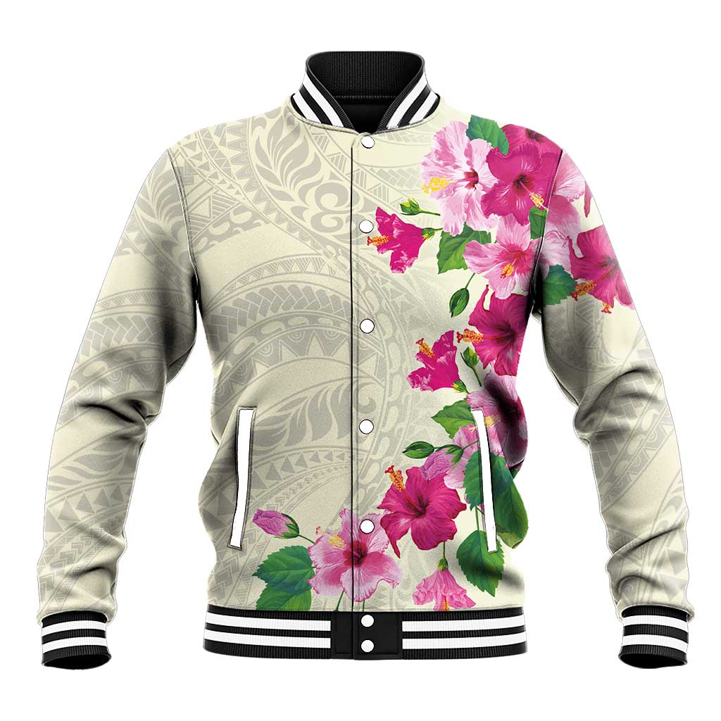 Hawaiian Hibiscus and Art Polynesian Tattoo Baseball Jacket Beige Color