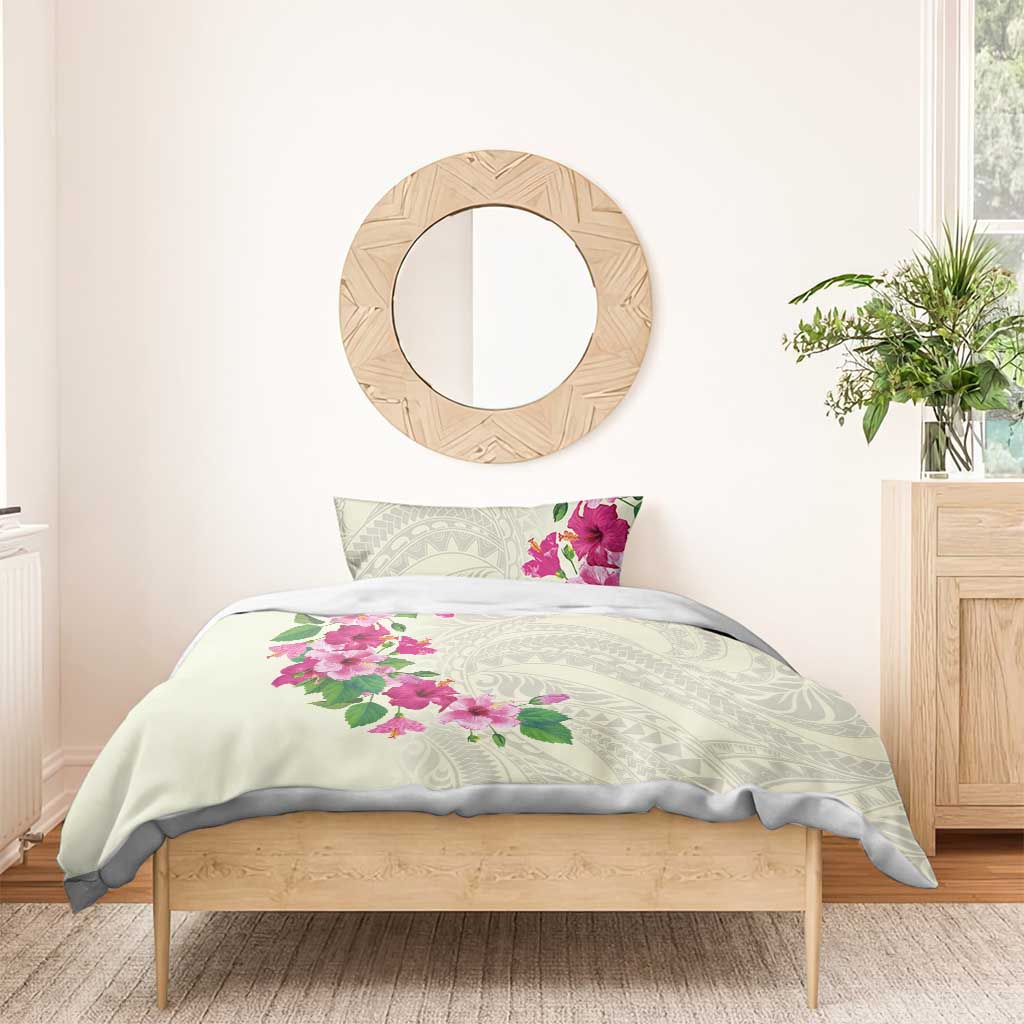 Hawaiian Hibiscus and Art Polynesian Tattoo Bedding Set Beige Color