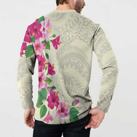 Hawaiian Hibiscus and Art Polynesian Tattoo Button Sweatshirt Beige Color