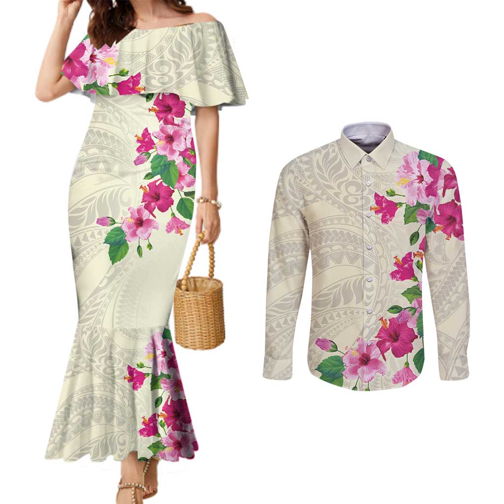 Hawaiian Hibiscus and Art Polynesian Tattoo Couples Matching Mermaid Dress and Long Sleeve Button Shirt Beige Color