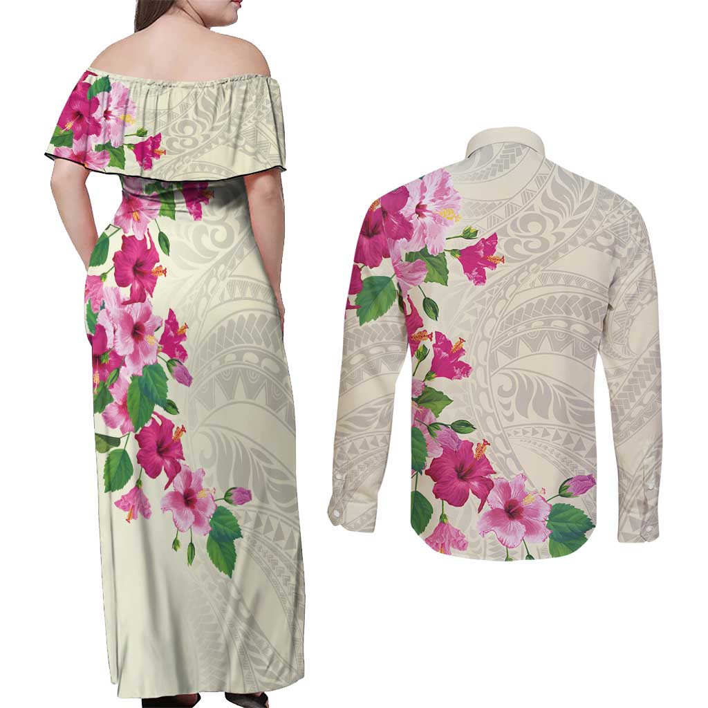 Hawaiian Hibiscus and Art Polynesian Tattoo Couples Matching Off Shoulder Maxi Dress and Long Sleeve Button Shirt Beige Color