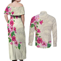 Hawaiian Hibiscus and Art Polynesian Tattoo Couples Matching Off Shoulder Maxi Dress and Long Sleeve Button Shirt Beige Color