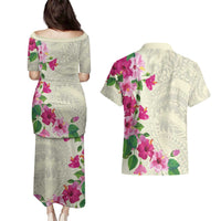 Hawaiian Hibiscus and Art Polynesian Tattoo Couples Matching Puletasi and Hawaiian Shirt Beige Color