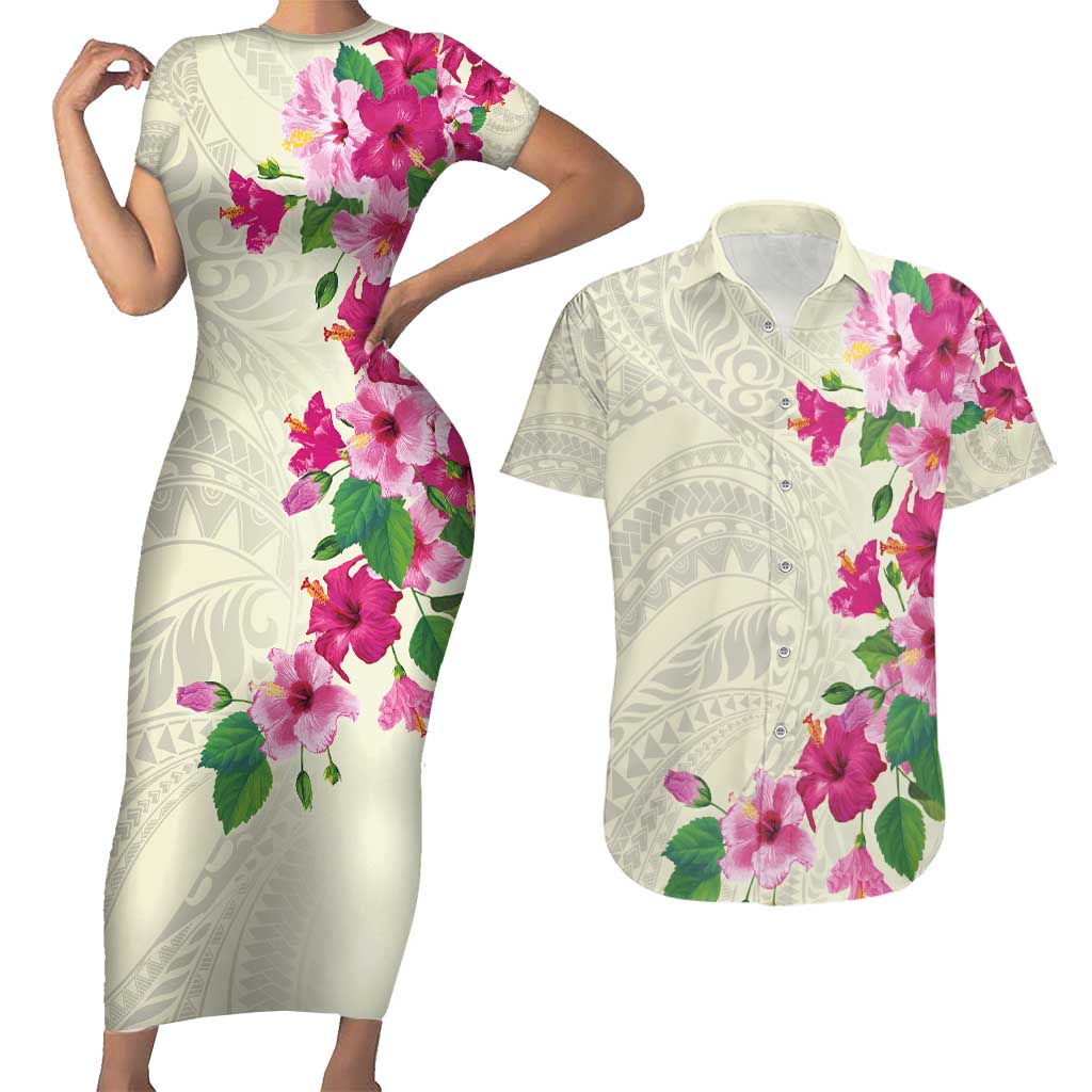 Hawaiian Hibiscus and Art Polynesian Tattoo Couples Matching Short Sleeve Bodycon Dress and Hawaiian Shirt Beige Color