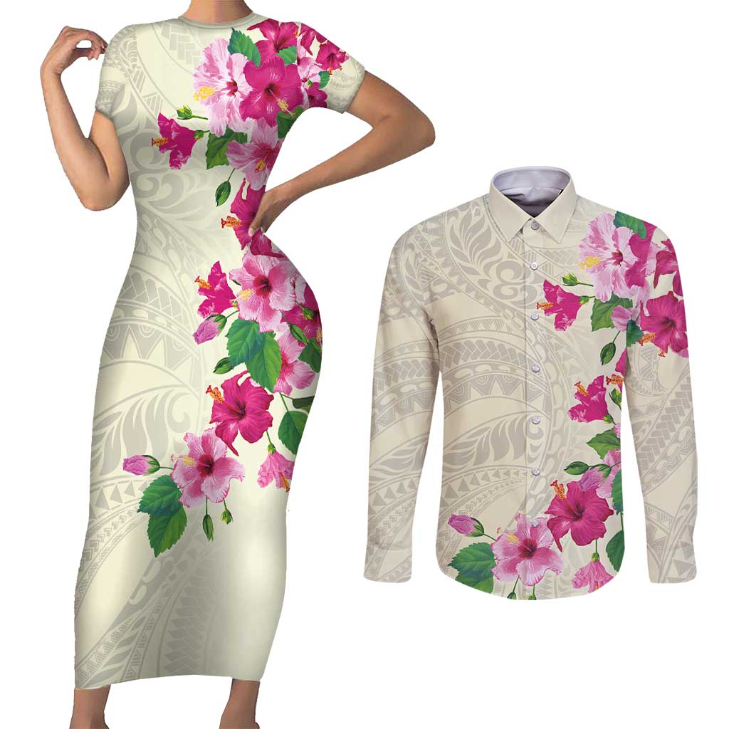 Hawaiian Hibiscus and Art Polynesian Tattoo Couples Matching Short Sleeve Bodycon Dress and Long Sleeve Button Shirt Beige Color