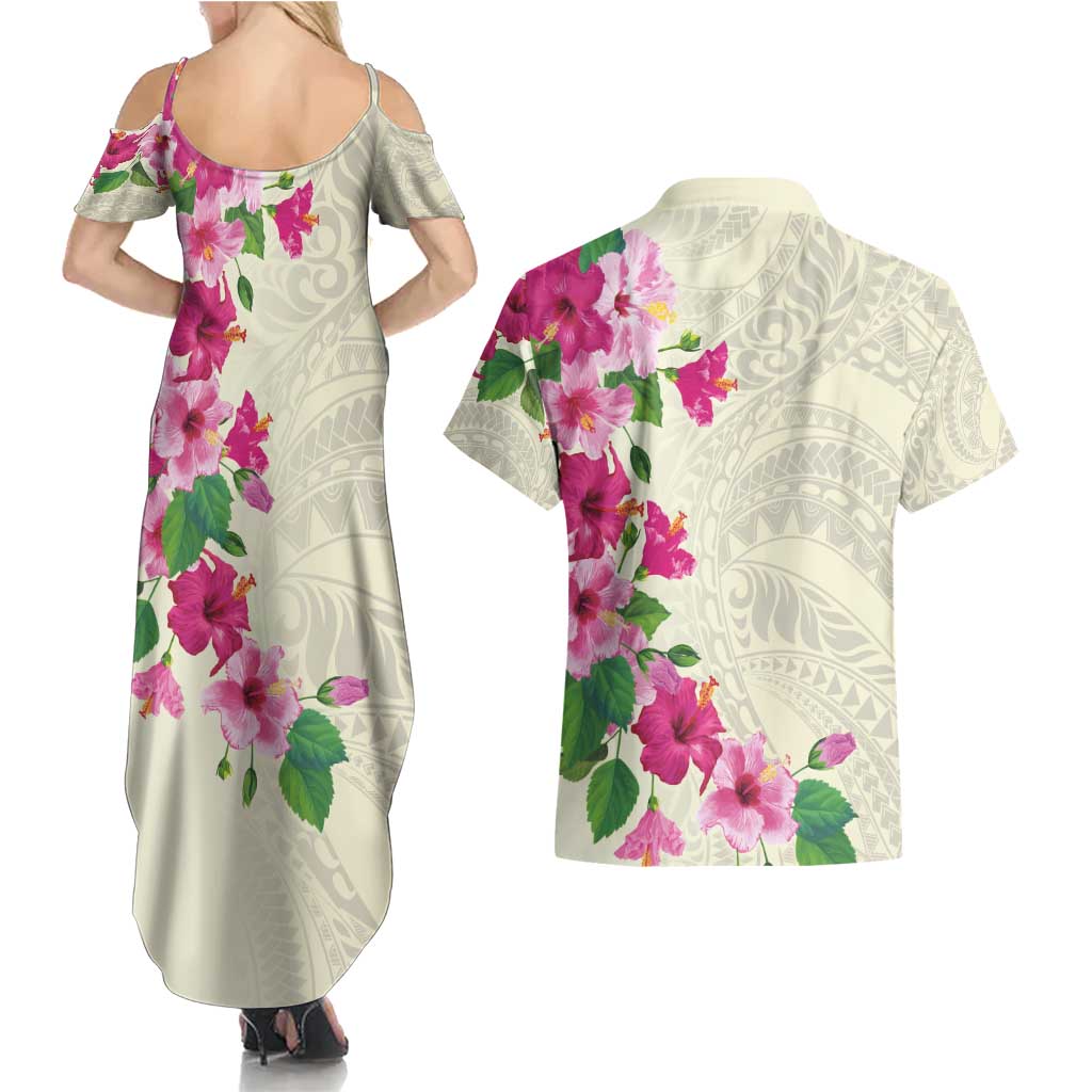 Hawaiian Hibiscus and Art Polynesian Tattoo Couples Matching Summer Maxi Dress and Hawaiian Shirt Beige Color