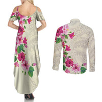 Hawaiian Hibiscus and Art Polynesian Tattoo Couples Matching Summer Maxi Dress and Long Sleeve Button Shirt Beige Color