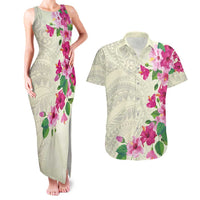Hawaiian Hibiscus and Art Polynesian Tattoo Couples Matching Tank Maxi Dress and Hawaiian Shirt Beige Color
